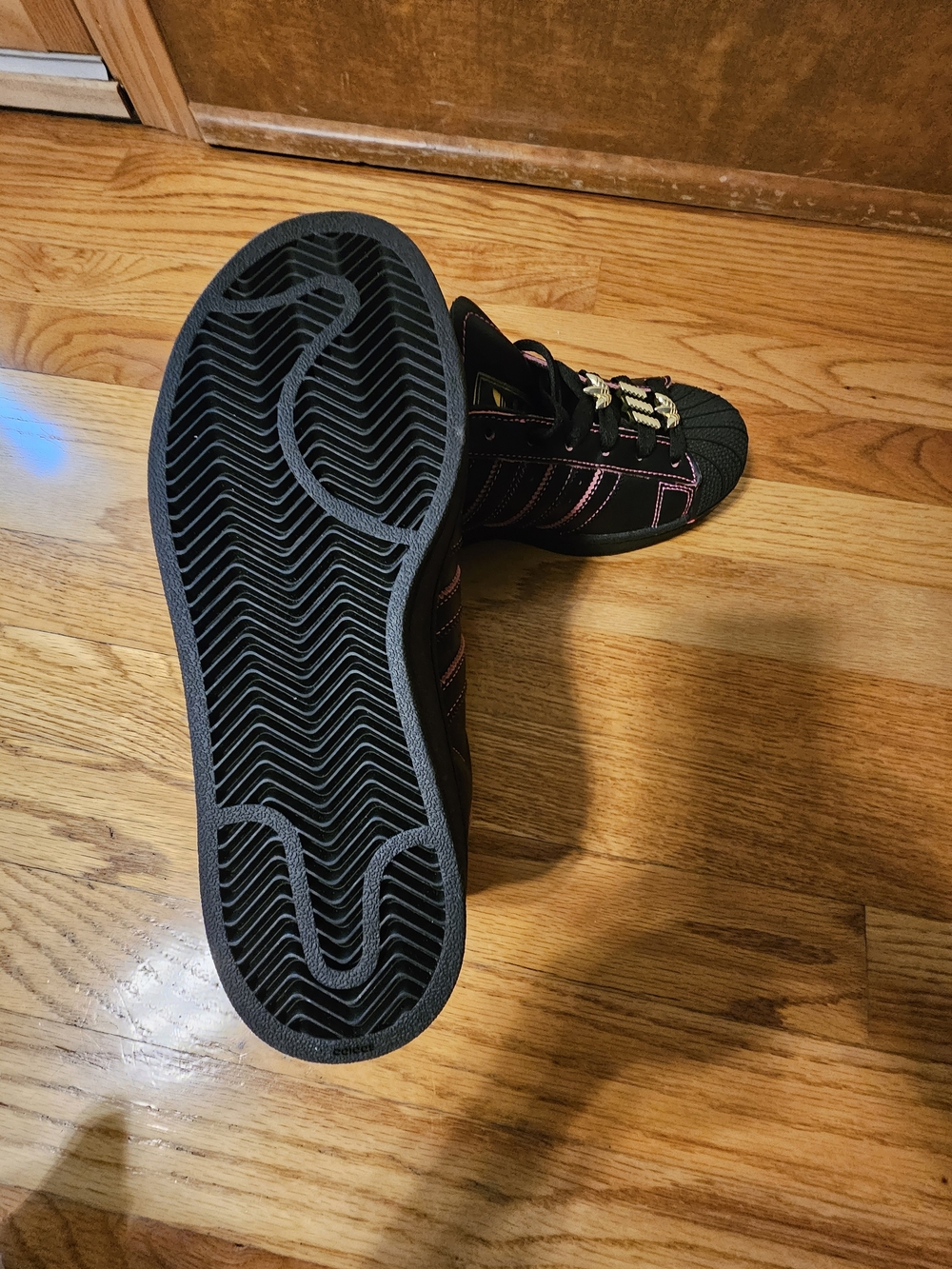 adidas Womens Superstar II Black & Pink Superstar Sneakers with Gold Accents - Picture 4 of 5
